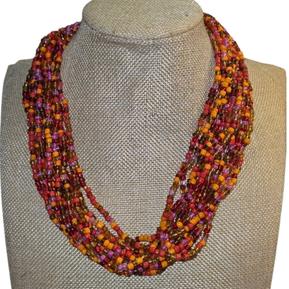 About Color Multistrand Seed Bead Necklace Red Orange Pink Made in Indonesia NWT
